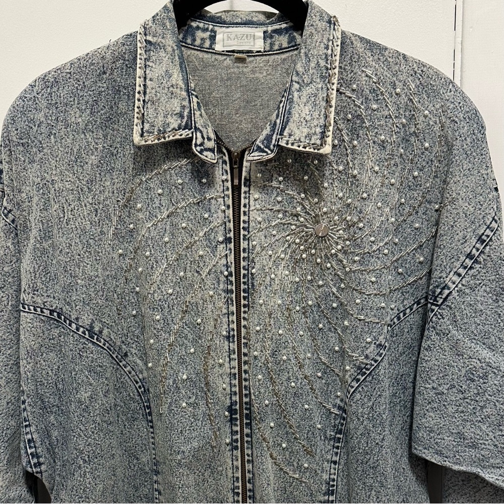 Vintage 80s Handmade KAZU Designs Long Denim Dress XL Beaded Embellished Zip - Picture 3 of 13